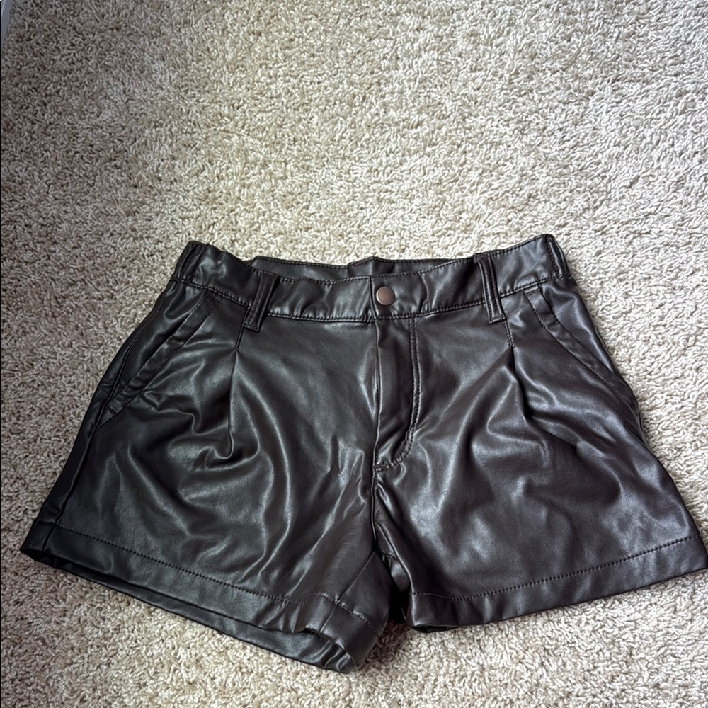 Brown Leather High Waist Shorts
